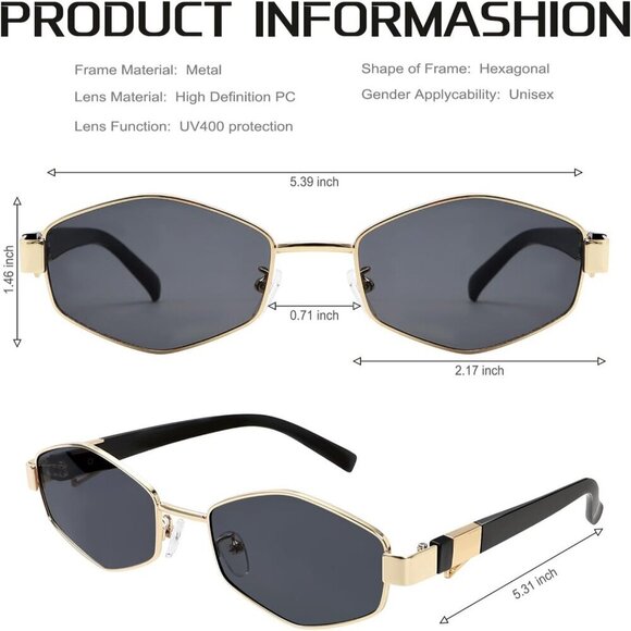 Hexagon Sunglasses Metal Women Retro Fashion Sun Glasses with Chain for Festival